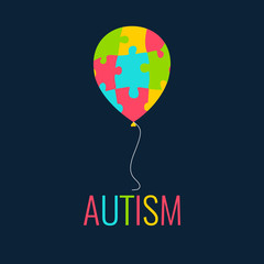 World Autism Day. Autism awareness poster with a colorful balloon made of puzzle pieces. Autism solidarity day. Symbol of Autism. Puzzle symbol. Autism sign. Vector illustration.