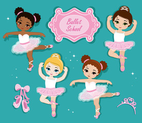 Vector illustration of cute little ballerinas.  Ballet Slippers. Clip art cute characters, pink tutus, ballet shoes.