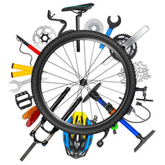 Obraz premium bicycle concept collage with bicycle rim isolated on white background