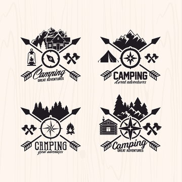 Summer camp badges logos and labels for any use, on wooden background texture