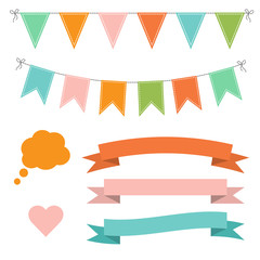 Set of multicolored flat buntings garlands, ribbons and speech bubble