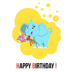 Cute cartoon elephant vector illustration.Cartoon animal elephant with a bouquet of flowers in the trunk and the text Happy Birthday isolated on background.Elephant,baby elephant ,african animal.
