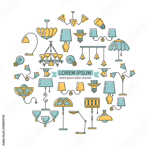 Icons lamps arranged in a circle. Outline icon set, thin line style ... Icons lamps arranged in a circle. Outline icon set, thin line style ...