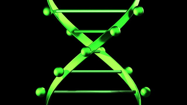 A spiraling green 3D DNA helix strand close-up on black.