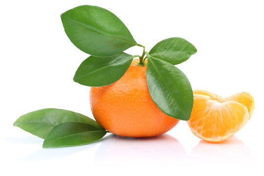 Mandarine mit Blätter Stücke Freisteller freigestellt isoliert