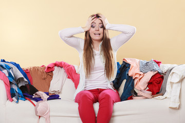 Desperate helpless woman in messy room home.