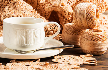 beautiful yarn for knitting Irish lace with black coffee