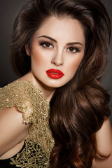Beauty makeup woman red lips long brown hair