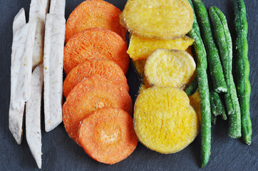 Healthy vegetable chips, dried, fried vegetables. dry green beans, eggplant dry, dry carrots and dried radish, pumpkin