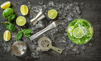 Fototapeta na wymiar Drink making tools and ingredients for cocktail