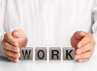 concept word forming a metal box in  open hand