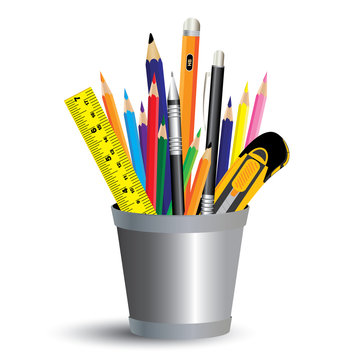 Painting tool in office isolated on white background. Colored pencil, pen and ruler in office a full set.