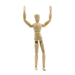 Wooden men figure  hand up, extend arms on isolate white background.