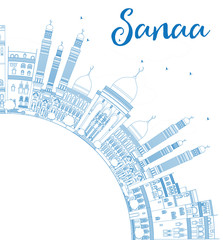 Outline Sanaa (Yemen) Skyline with Blue Buildings.