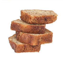 Homemade banana bread sliced on white background
