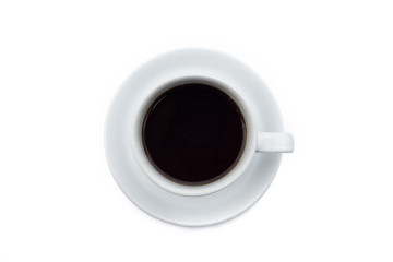 coffee cup with black coffee on white background, top view