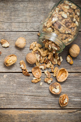 walnuts on rustic old wooden table