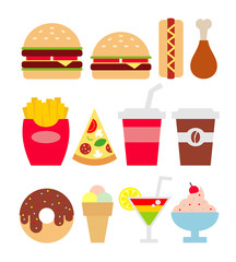 fast food junk food flat icons set isolated on white background.burger,fries.pizza.drink.donut.chicken leg.ice cream. cocktail,coffee.hot dog.