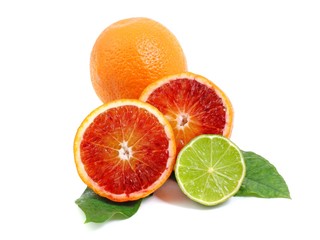Citrus fruits isolated on white background. Citrus fruits - red orange and lime. 