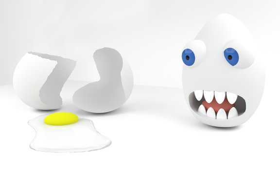Shocked egg with blue eyes and teeth looks on broken one - 3d illustration
