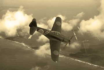 Keuken foto achterwand Oud vliegtuig World War 2 era fighter plane. Japnese aricraft N1K-J Shiden known as 'Geroge' by the allies. Flying over the pacific Island of Saipan. (Computer Image, Artist's impression)