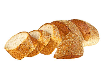 Buckwheat bread and slices on a white background