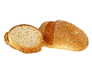 Buckwheat bread and slices on a white background