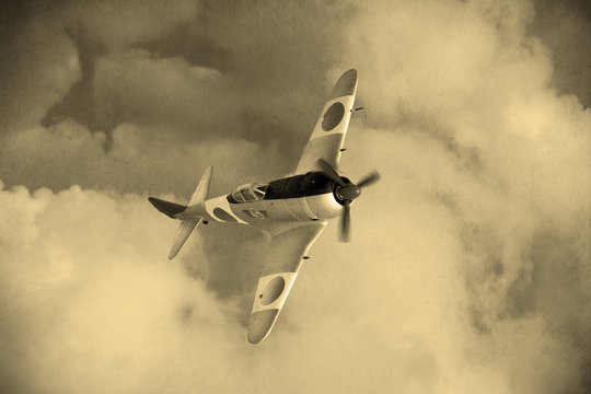 'Vintage Style'  Wolrd War 2 Japanese Fighter Plane In The Clouds