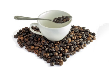 espresso cup with coffee beans, isolated on white background