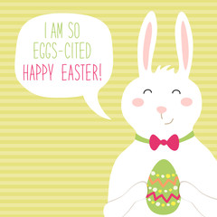 Cute hand drawn Easter card with bunny, egg and speech bubble with hand written text