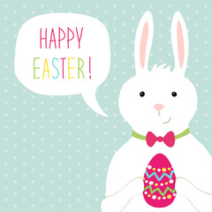 Cute hand drawn Easter card with bunny, egg and speech bubble with hand written text