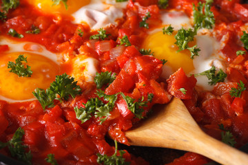 shakshuka fried eggs with sauce macro. Horizontal
