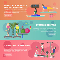 Fitness center horizontal banners set. Sport equipment and accessories. Training concept vector illustration. People running on treadmill, yoga, working out
