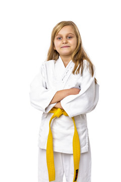 Portrait of an adorable  karate girl in kimono