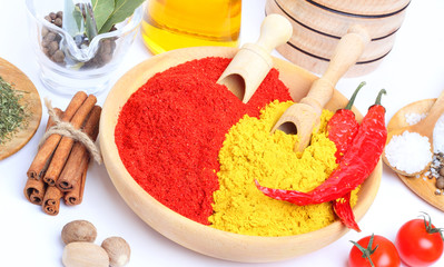 Spice in Wooden Spoon isolated white background
