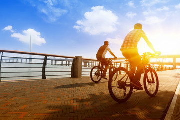 Dreamy sunset and healthy life.Fields and bicycle