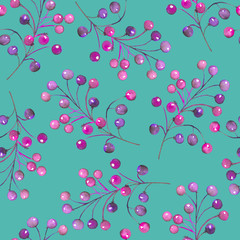 Seamless floral pattern with the watercolor purple berries on the branches, hand-drawn on a turquoise background