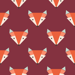Cute foxes seamless pattern. Orange fox's head on red background. 