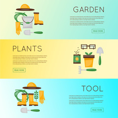 Gardener, garden tools, planting, plants, flowers, lawn, park, garden. Banners. Vector illustration flat design.