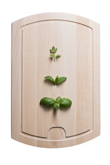 Leaves of lovage mint and basil on wooden board