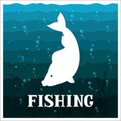 Fishing illustration with fish. Design for cards, covers, brochures and advertising booklets
