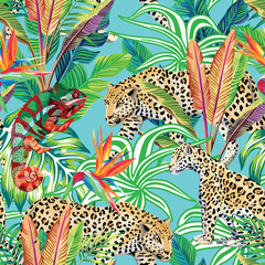 chameleon and leopards in the jungle seamless background