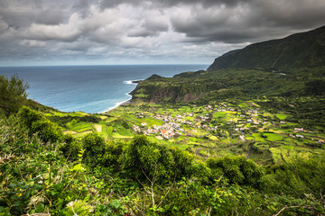 Azores coastline landscape in Faja Grande, Flores island. Portug