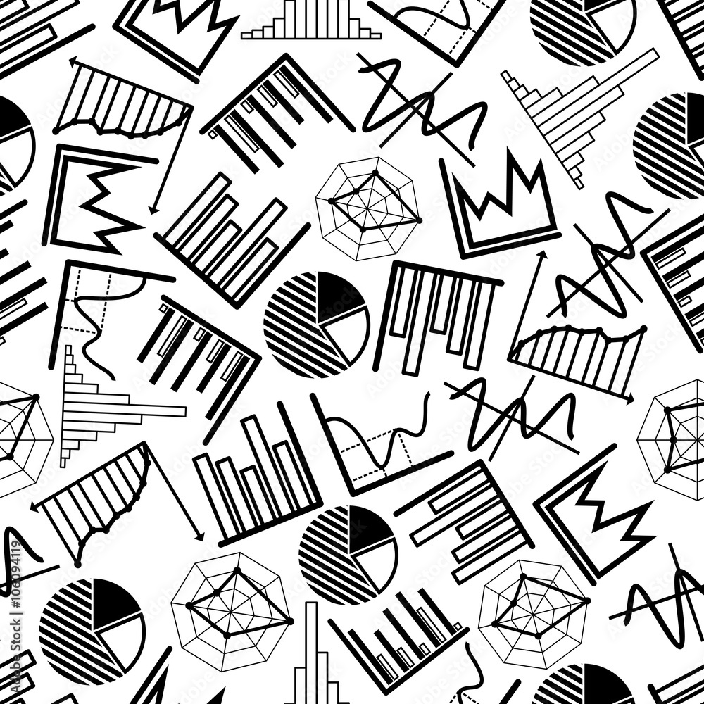 Poster business seamless pattern of financial pie charts, bar and linear graphs, diagrams and histograms. p