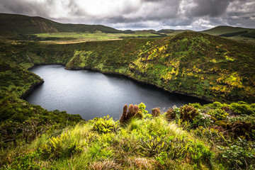 Azores landscape with lake in Flores island. Caldeira Funda. Por