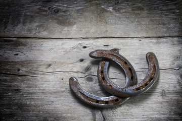 lucky horseshoes with rust intertwined on rustic wooden planks