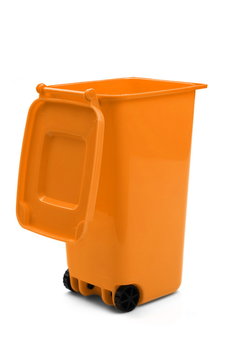 Orange Plastic Waste Container Or Wheelie Bin, Isolated On White