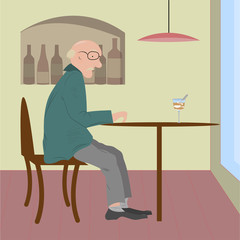 An old woman sitting in a cafe. Vector illustration. eps10