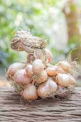 shallots on wooden table.