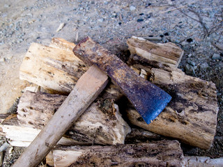 Cut logs firewood and old axe